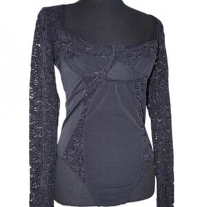 Out from Under Black Lace Long Sleeve Bodysuit with Cutouts